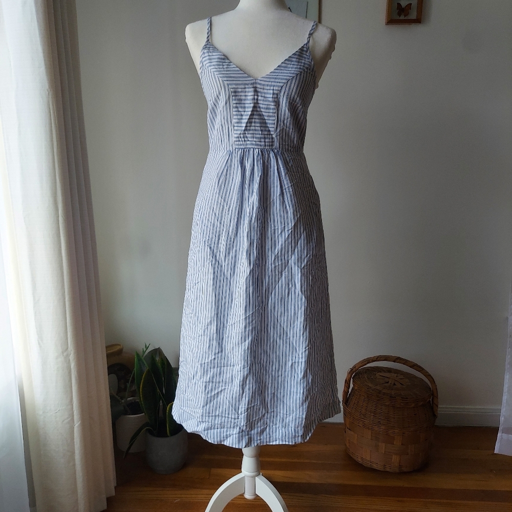 Joules Linen Mixed White & Blue Striped Midi Dress US Size 2, Fits Like A Small